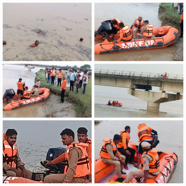 एसडीआरएफ टीम के साथ गोताखोरों के द्वारा सरयू नदी में सुधीर शर्मा की हो रही खोजबीन