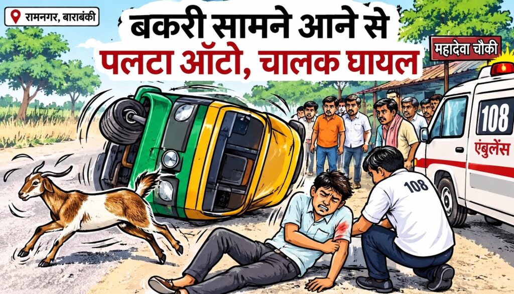 बकरी सामने आने से पलटा ऑटो, चालक घायल