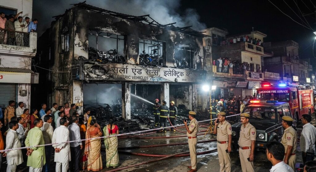 लखनऊ के गोला बाजार में इलेक्ट्रिक व्हीकल शोरूम में लगी भीषण आग, कई गाड़ियां जलकर राख