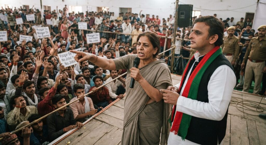 लखनऊ में अखिलेश यादव के साथ आईं टीचर नीतू सिंह, यूपी में बेरोजगारी और भर्ती परीक्षाओं के मुद्दे उठाए