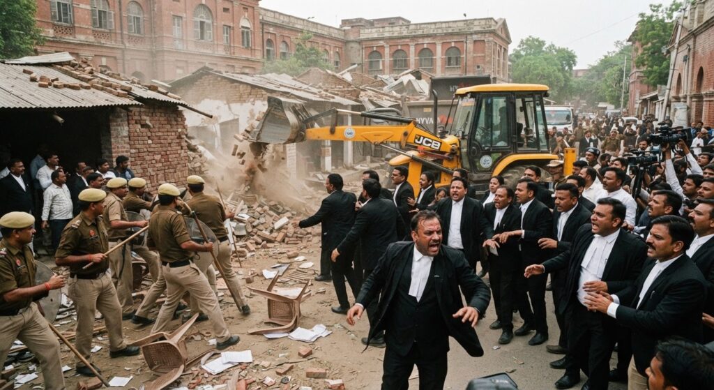 लखनऊ में अवैध चैंबरों पर चला नगर निगम का बुलडोजर, वकीलों ने सड़क पर लेटकर किया जोरदार प्रदर्शन