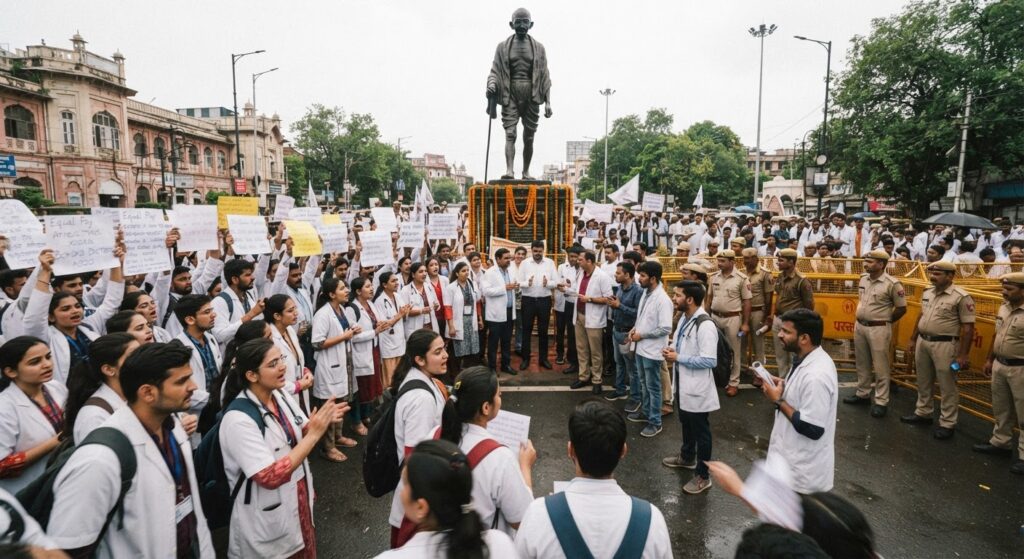 लखनऊ में बॉन्डेड एमबीबीएस डॉक्टरों का प्रदर्शन, समान वेतन और बकाया राशि की मांग पर अड़े