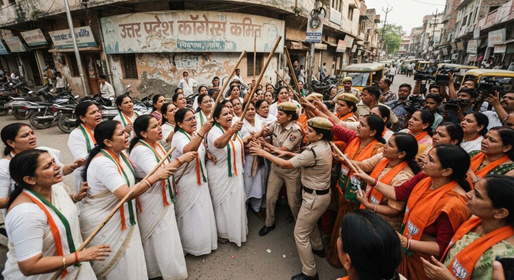 लखनऊ में कांग्रेस और बीजेपी महिला मोर्चा के बीच भिड़ंत, हाथों में लाठियां लेकर आमने-सामने आईं कार्यकर्ता
