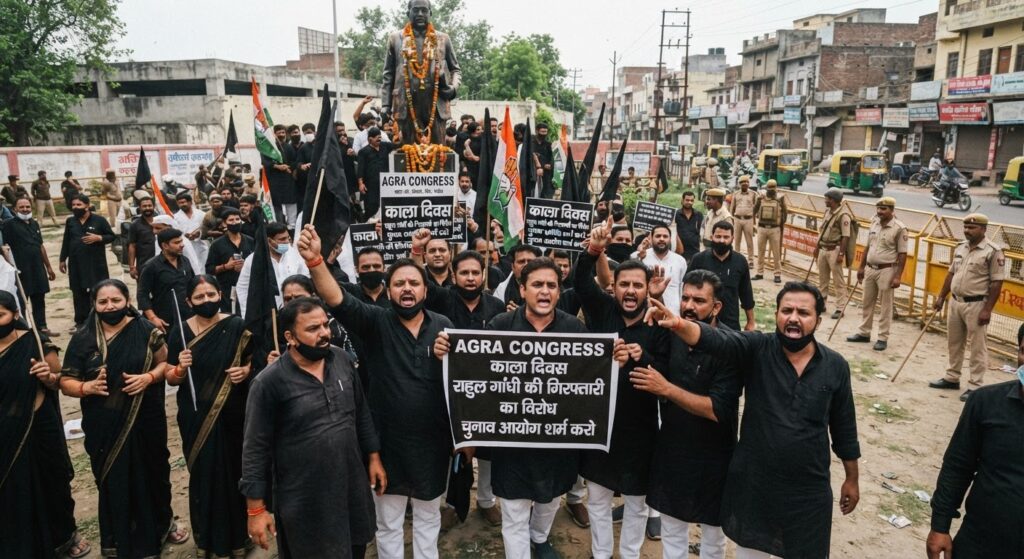 राहुल गांधी की गिरफ्तारी के खिलाफ आगरा में कांग्रेस का प्रदर्शन, चुनाव आयोग के खिलाफ मनाया काला दिन