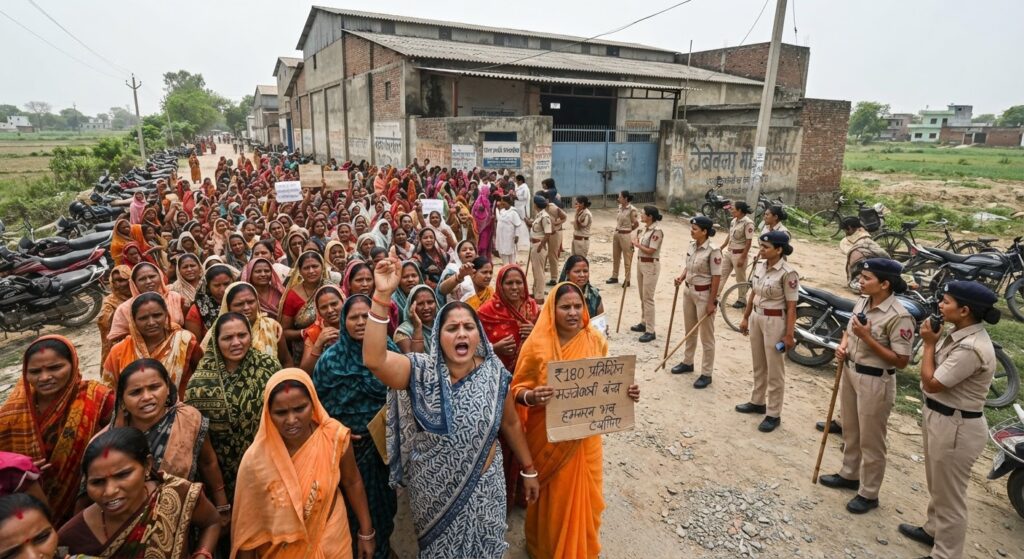 लखनऊ की मसाला फैक्ट्री में महिला कर्मचारियों का प्रदर्शन, कम वेतन और खराब सुविधाओं का लगाया आरोप
