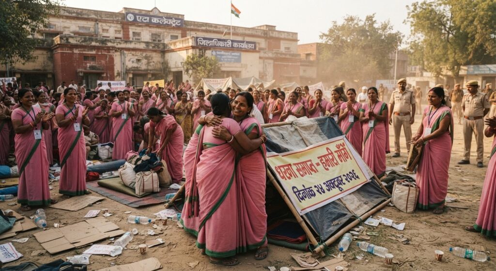 एटा में आशा कार्यकर्ताओं का 21 दिन पुराना धरना खत्म, विधायक वीरेंद्र सिंह लोधी ने दिया आश्वासन