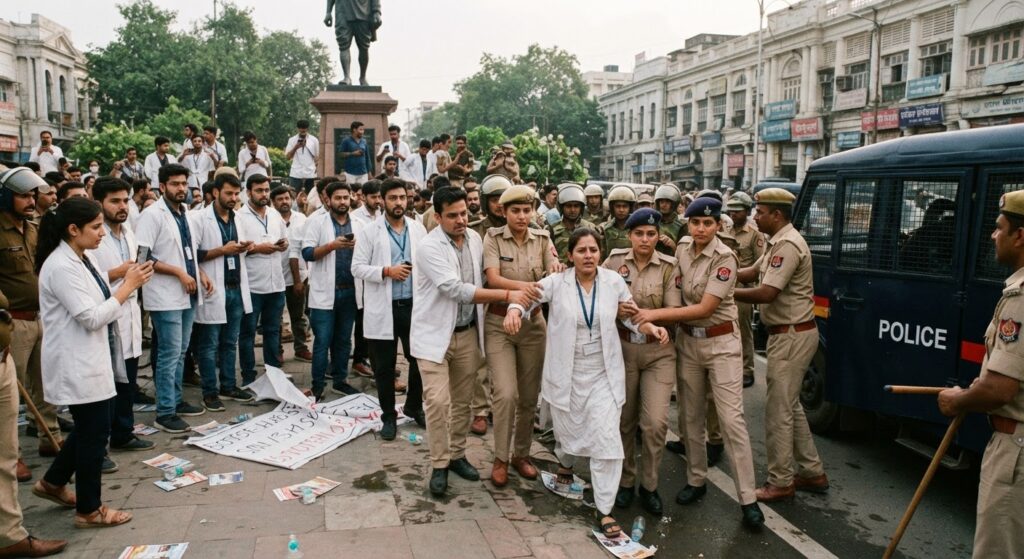 लखनऊ में वेतन समानता के लिए प्रदर्शन कर रहे बॉन्डेड डॉक्टरों को पुलिस ने हिरासत में लिया