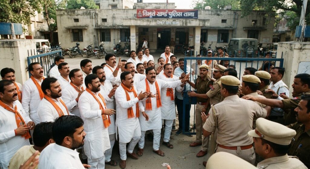 लखनऊ के विभुति खंड थाने में BJP पार्षदों का प्रदर्शन, इंस्पेक्टर के खिलाफ लगाए नारे