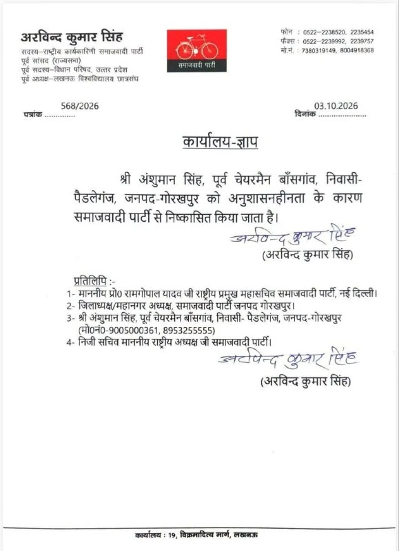 गोरखपुर में पूर्व जिला अध्यक्ष को थप्पड़ मारने पर अंशुमन सिंह समाजवादी पार्टी से निष्कासित