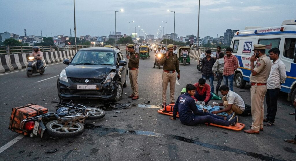 लखनऊ के पारा ओवरब्रिज पर कार और बाइक की जोरदार टक्कर, डिलीवरी बॉय की हालत गंभीर