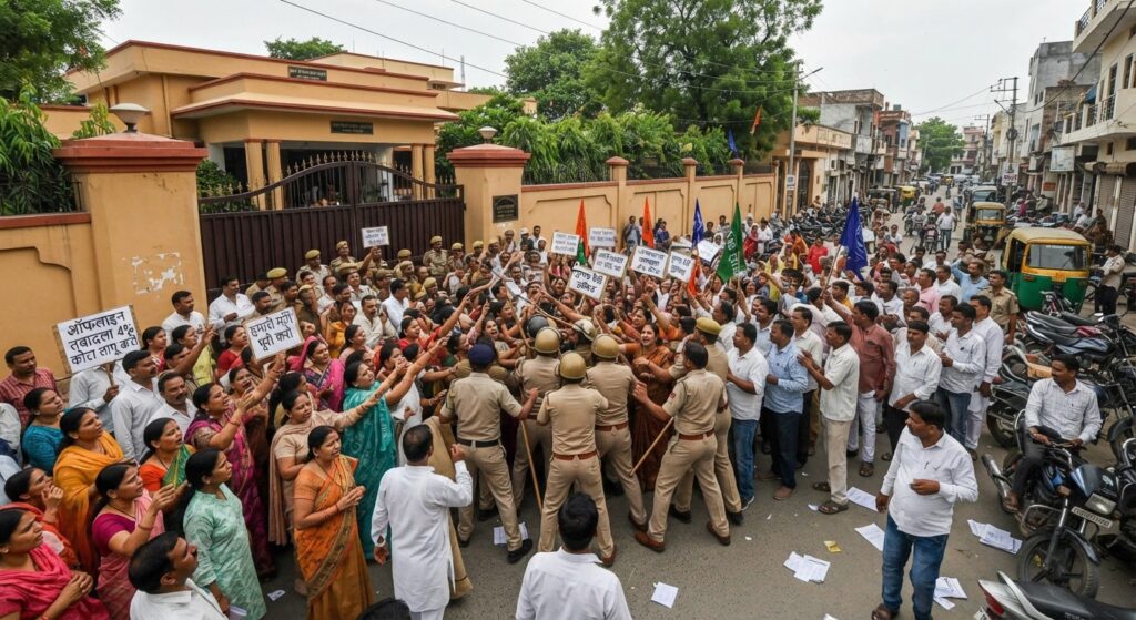 ऑफलाइन ट्रांसफर की मांग को लेकर माध्यमिक शिक्षक गुलाब देवी के चन्दौसी आवास पर पहुंचे